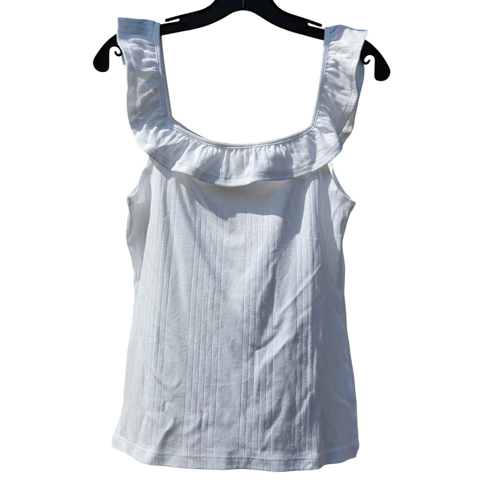 NEW GAP Preppy Ruffle Strap Ribbed Tank Top White Stretch Medium Soft Normcore